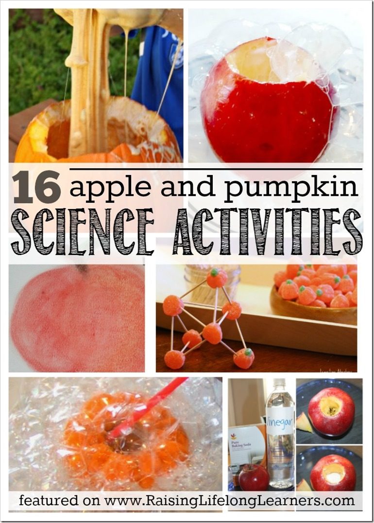 Looking for som fun fall science to try at home? Try these 16 apple and pumpkin science activities -- your kids will have a blast! Raisinglifelonlearners.com #apple #pumpkin #STEM #science #fallscience #fallactivities