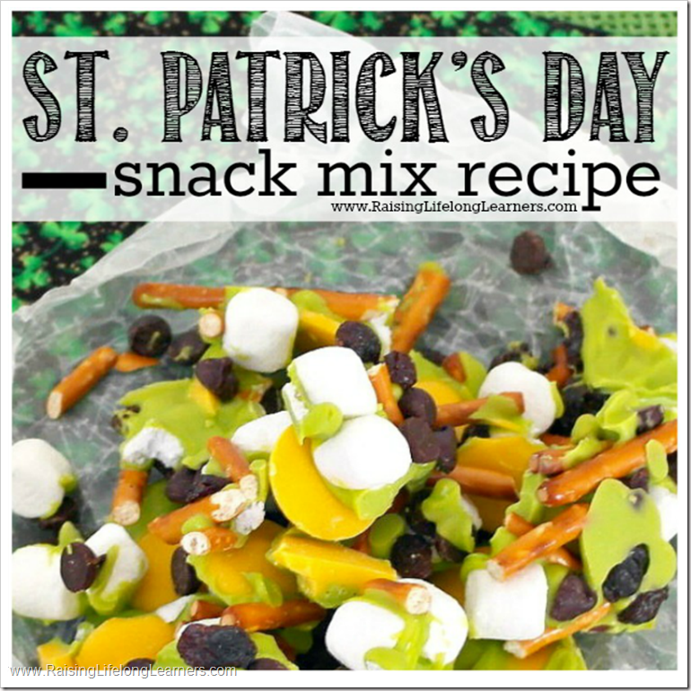 St Patricks Day Snack Mix Recipe~Looking for an easy and fun St. Patrick's Day snack to make for your kids this holiday? This is quick to put together, and includes lots of chocolate - yum!