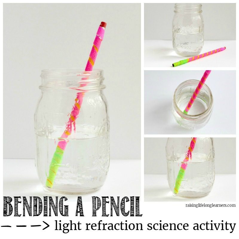 Use this simple bending a pencil science experiment to learn about the basics of light refraction. It's so easy, and teaches a valuable lesson in seconds!