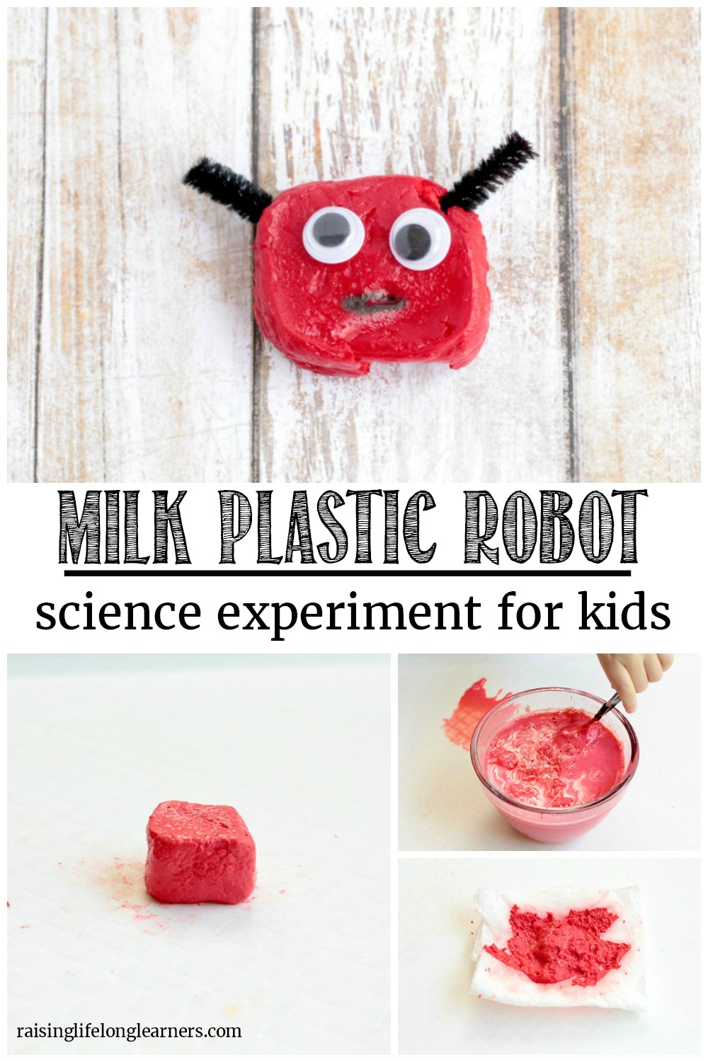 Transform ordinary milk into plastic with just one ingredient! Mold the resulting plastic into anything, or make adorable robots!