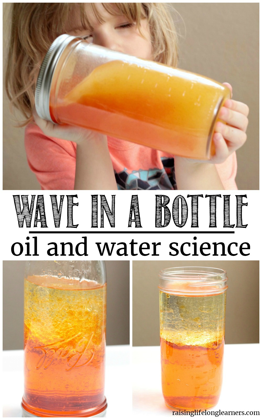 Make your own wave bottle using just oil and water! It's a fun way to explore the science of molecules with young kids interested in science!