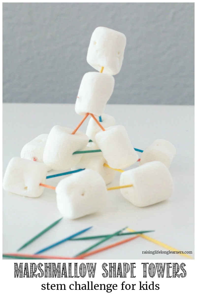 This fun twist on the classic marshmallow structures asks kids to go to a new level of creativity and only use specific shapes for their marshmallow towers. Raisinglifelonglearners.com #stem #handsonlearning #scienceactivities #handsonscience 