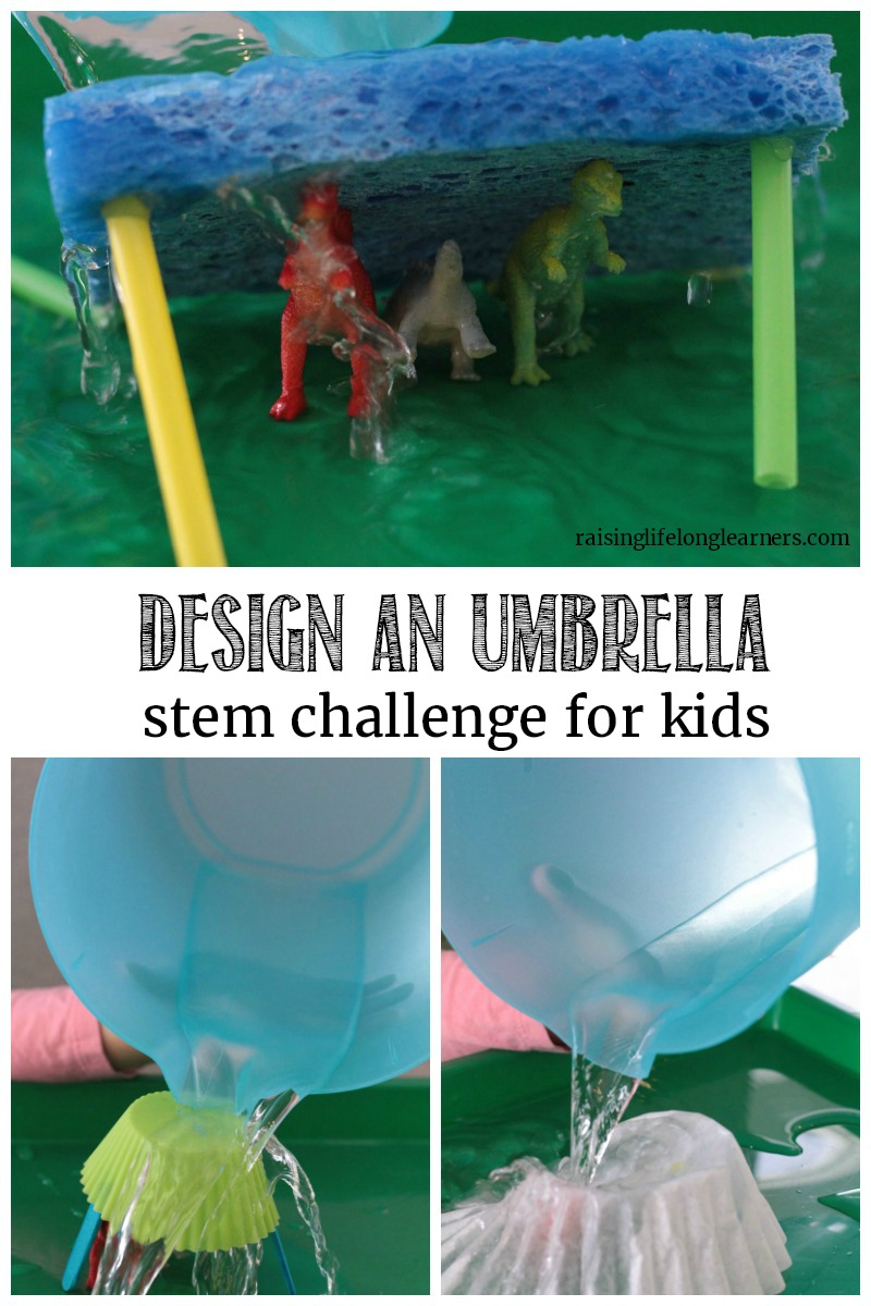 What makes the best umbrella? This fun STEM challenge is perfect for elementary aged kids. Can you make a better umbrella?  Raisinglifelonglearners.com #STEM #homeschool #homeschooling #homeschoolscience 